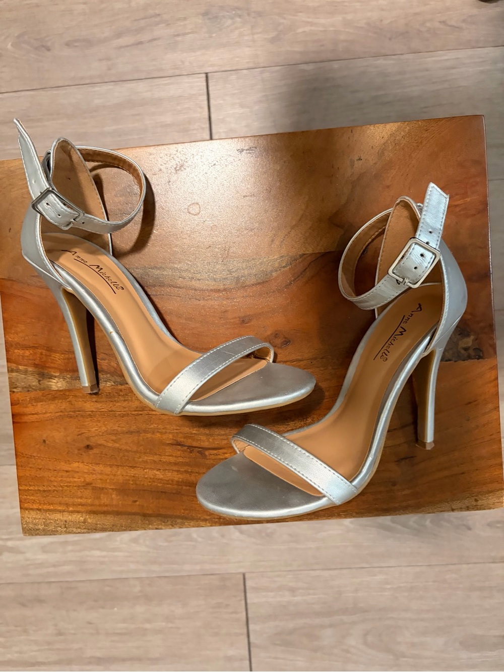 Anne Michelle Silver Open-Toe Ankle-Strap Heels